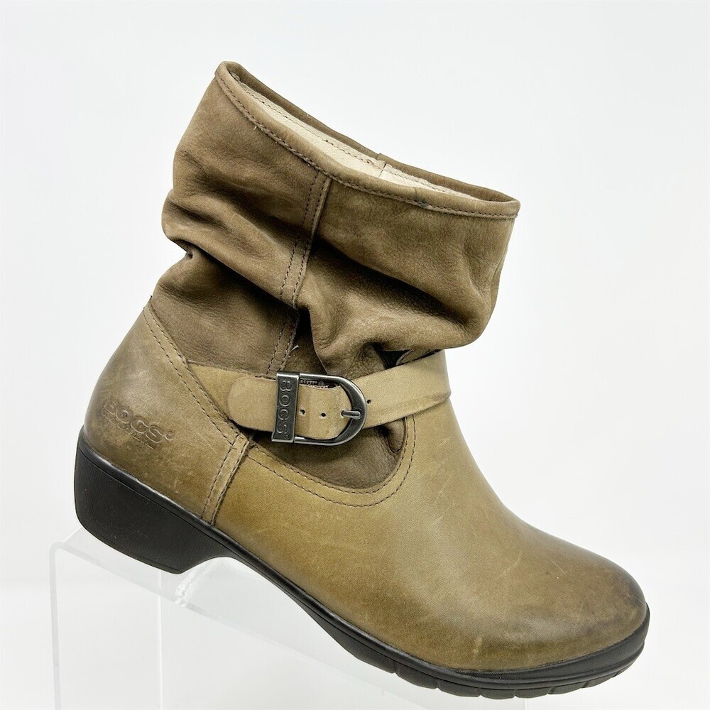 BOGS Cassie Low Slouch Mid-Calf Riding Boots Taupe/Olive Buckle Strap Wedge 9.5